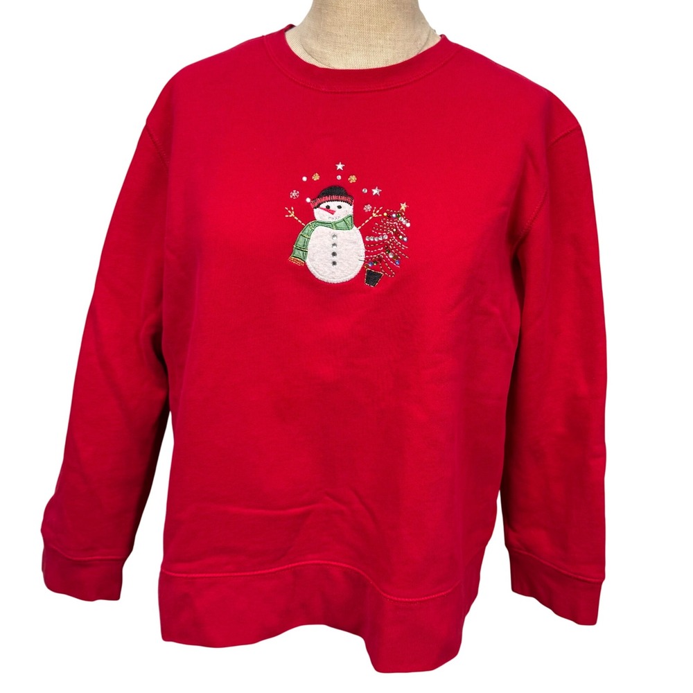 Ugly Sweater Women M Red Snowman Christmas Tree Embroidered‎ Crewneck Sweatshirt